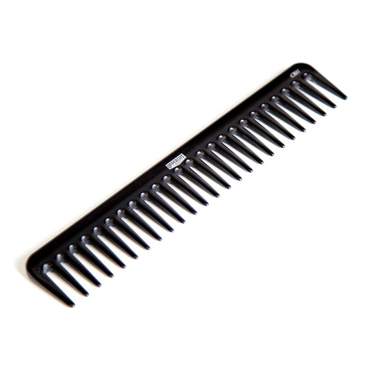 Uppercut Deluxe CB11 Rake Comb — black rake comb from above at an angle, white background