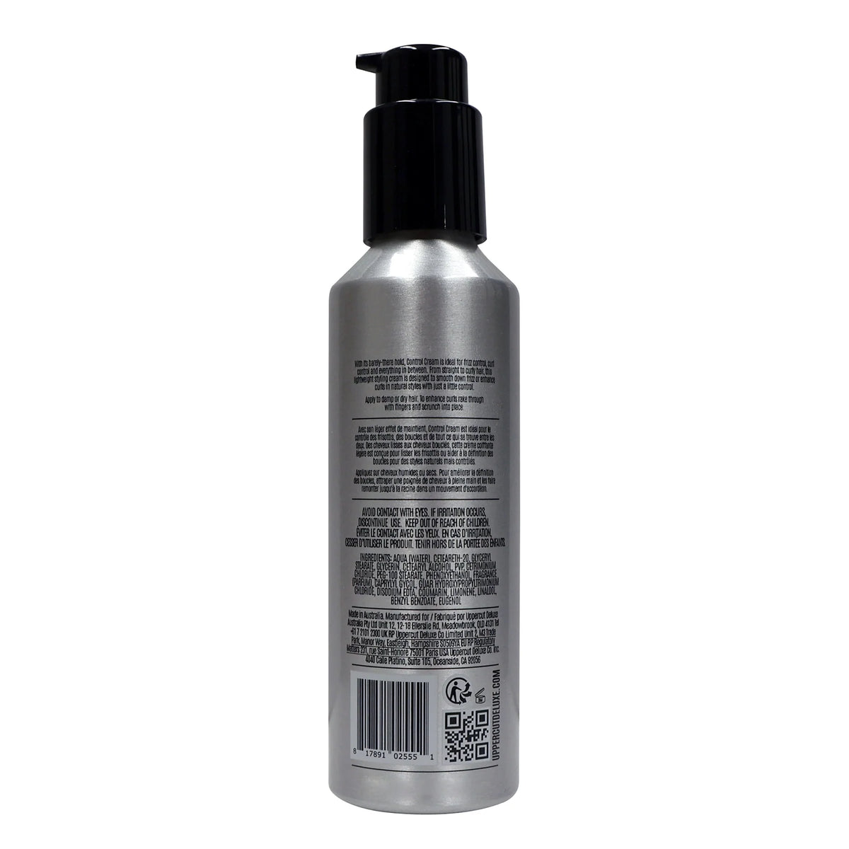 Uppercut Deluxe Control Cream 120 ml — silver 120 ml pump bottle, back label with directions, white background