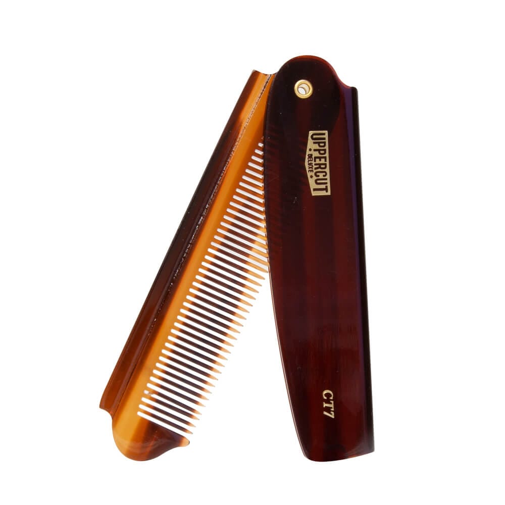 Uppercut Deluxe CT7 Flip Comb — tortoiseshell flip comb part-folded, showing the hinge