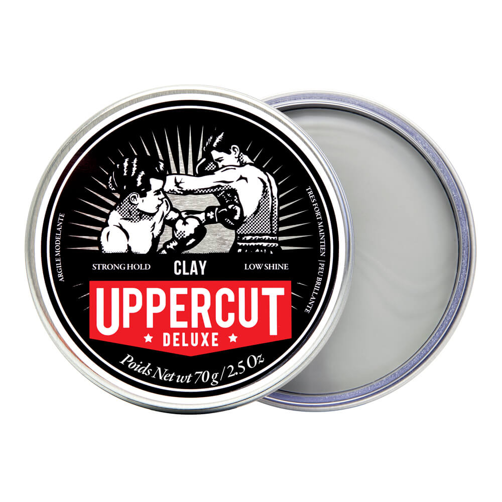 Uppercut Deluxe Clay Pomade — 70 g tin open showing the clay, plain white background