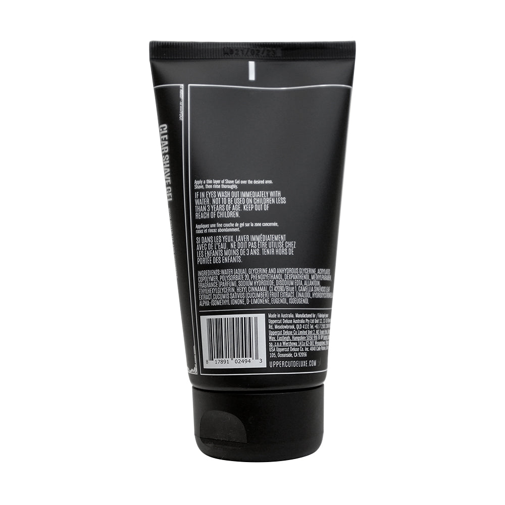 Uppercut Deluxe Clear Shave Gel 120 ml — black 120 ml tube, back label with ingredients, white background