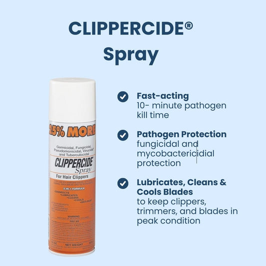 Clippercide benefits: disinfects, lubricates, cools blades