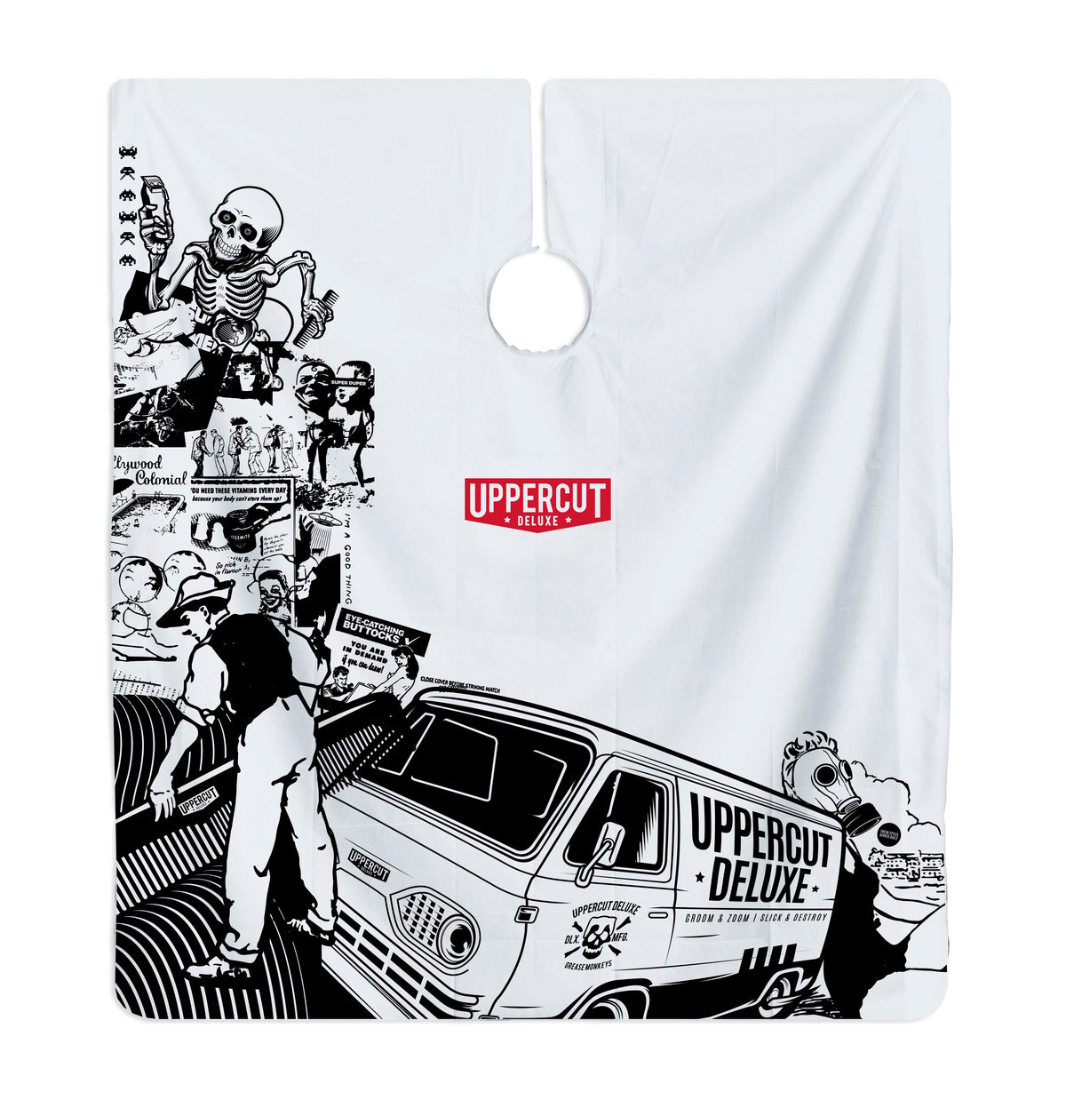Uppercut Deluxe Barber Cape Collage — full cape laid flat, black-and-white collage artwork with the Uppercut Deluxe van and red badge, plain white background