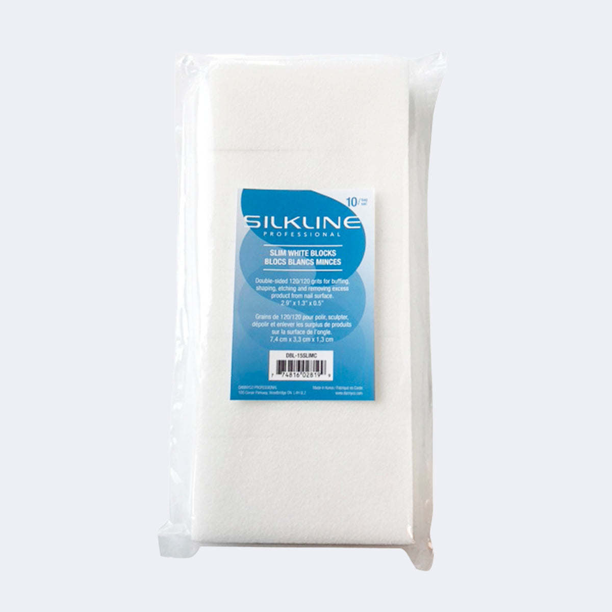 Silkline Professional Slim Buffing Blocks — retail poly bag of white slim buffing blocks, blue SilkLine label / Blocs polissoirs minces Silkline — sachet de vente au détail de blocs blancs, étiquette bleue SilkLine — DBL-15SLIMC