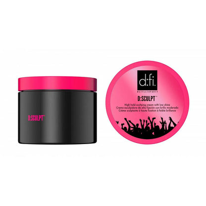D:Fi D:Sculpt Sculpting Cream — black jar with pink lid shown beside the lid face reading D:Sculpt high hold sculpting cream with low shine, on white