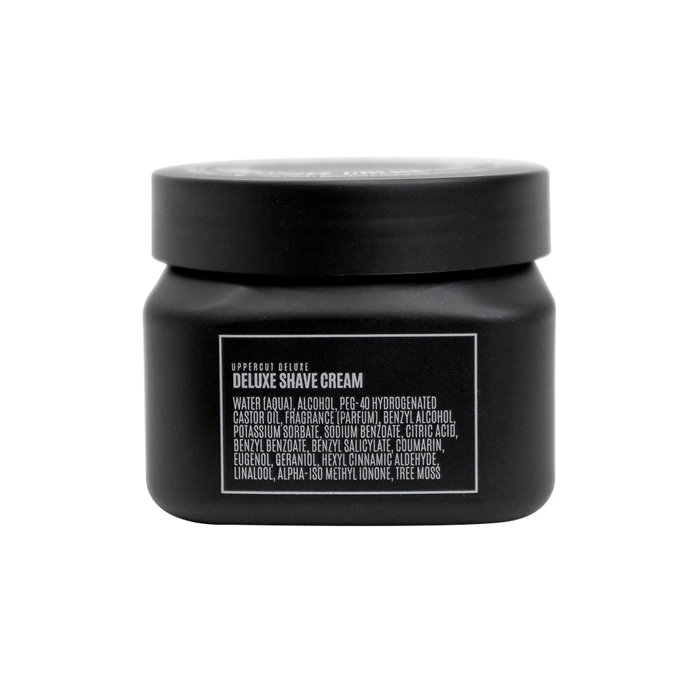 Uppercut Deluxe Deluxe Shave Cream 120 g — black 120 g jar, back label with ingredients, white background