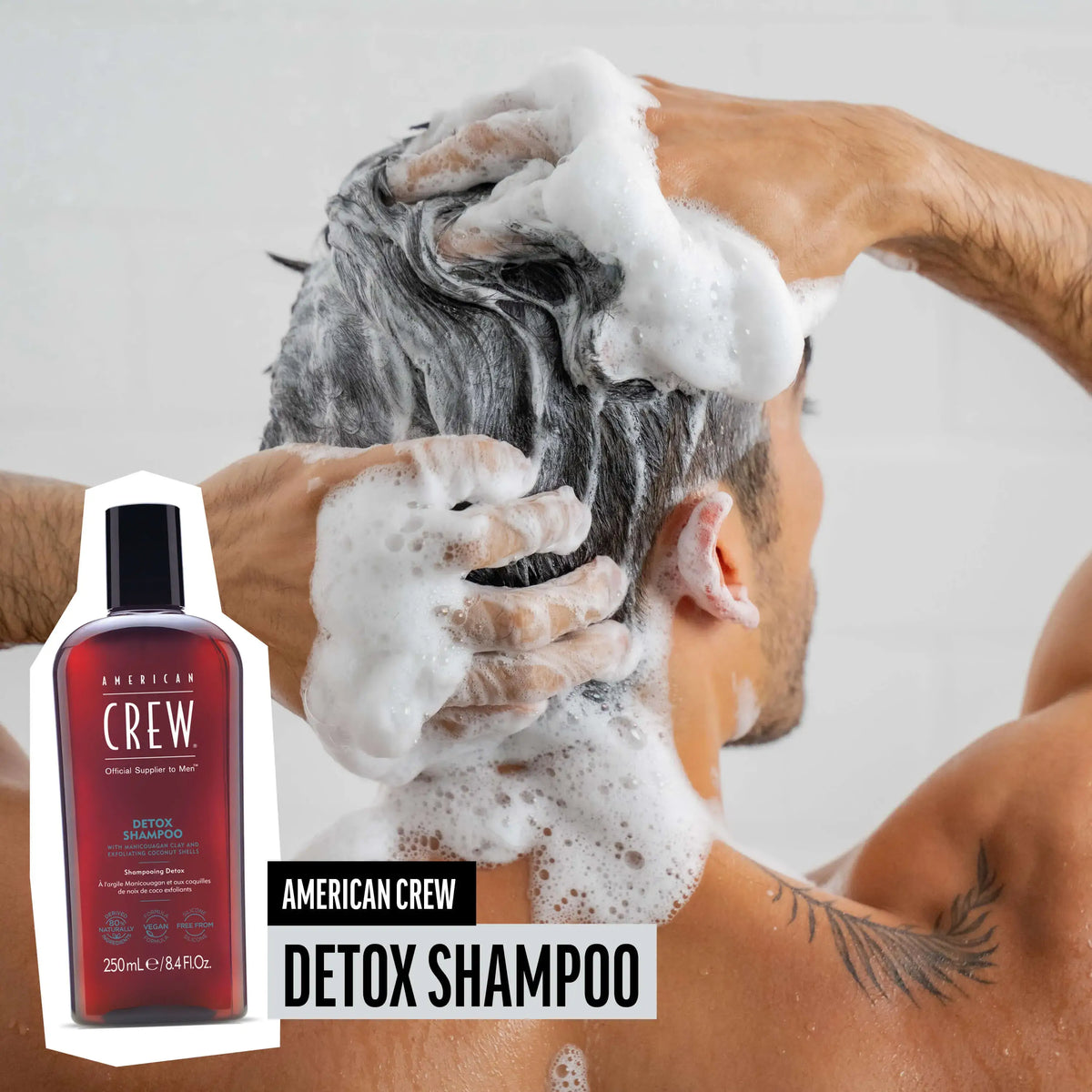 American Crew Detox Shampoo — man lathering Detox Shampoo through his hair, with the 250 ml bottle shown inset