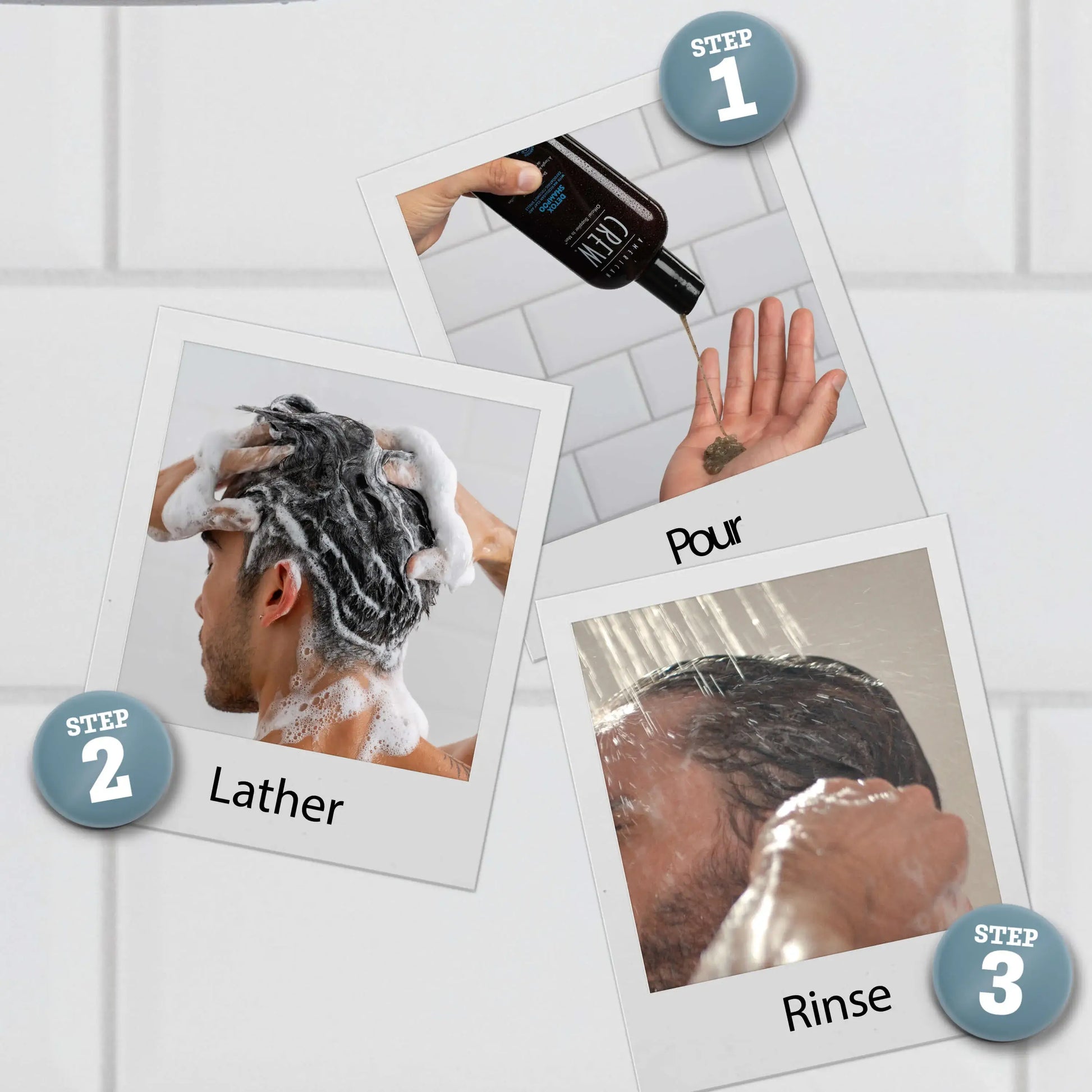 American Crew Detox Shampoo — three-step how-to-use cards showing pour, lather and rinse