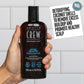 American Crew Detox Shampoo — hand holding the 250 ml bottle against white tiles beside a card about detoxifying coconut shells