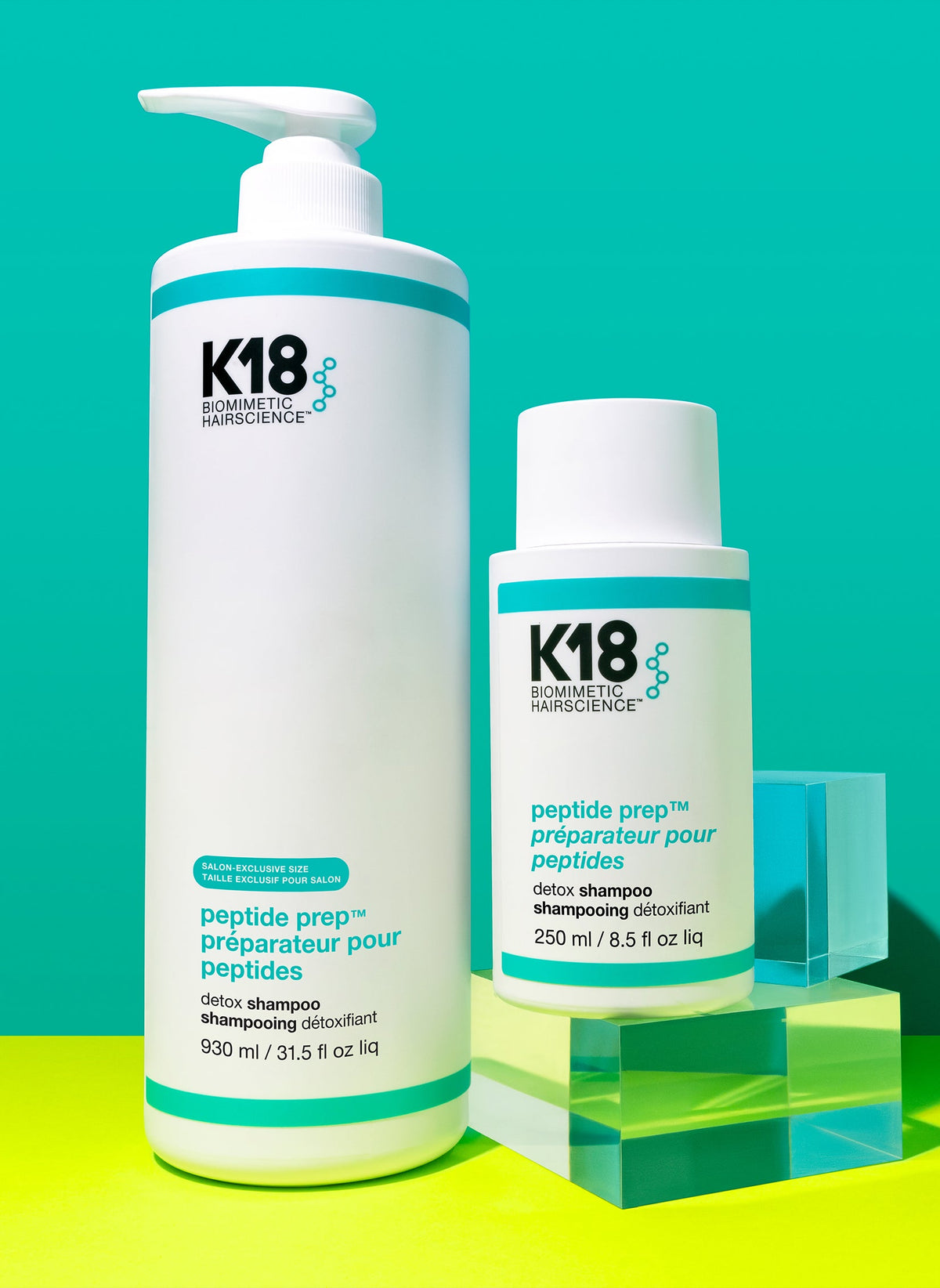 K18 Peptide Prep Detox Clarifying Shampoo — salon litre beside 250 ml bottle