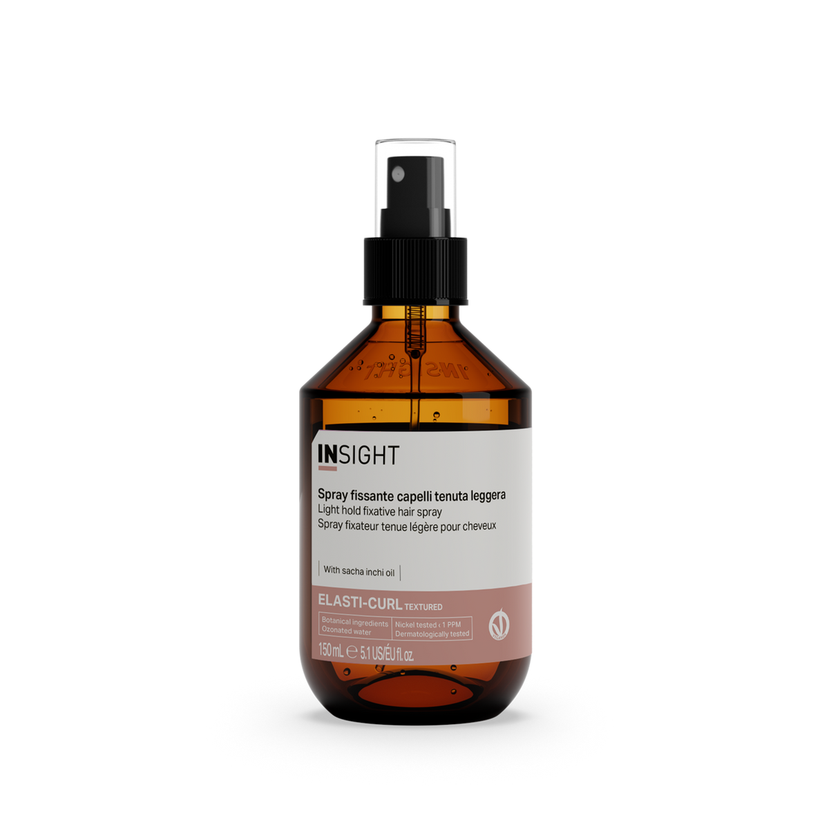 Insight Elasti-Curl Light Hold Fixative Hair Spray 150 ml — 150 ml amber spray bottle, current white-label livery, front view