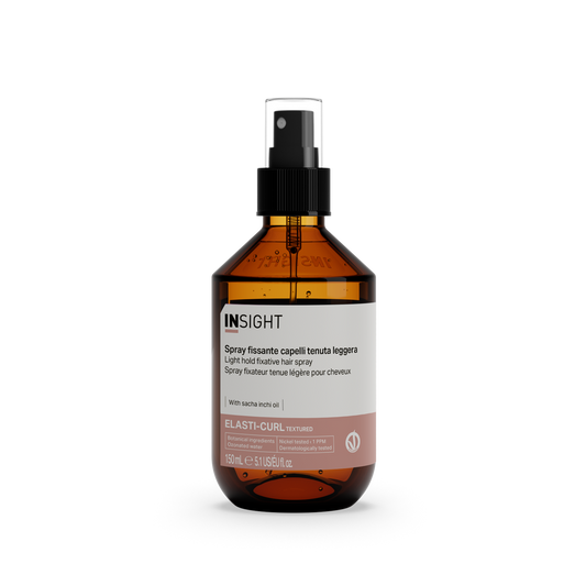 Insight Elasti-Curl Light Hold Fixative Hair Spray 150 ml — 150 ml amber spray bottle, current white-label livery, front view