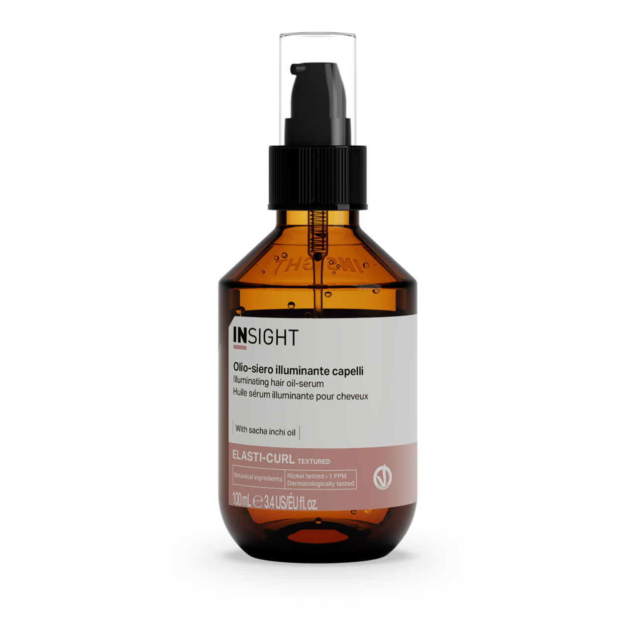 Insight Elasti-Curl Illuminating Hair Oil-Serum 100 ml — 100 ml amber pump bottle, current white-label livery, front view