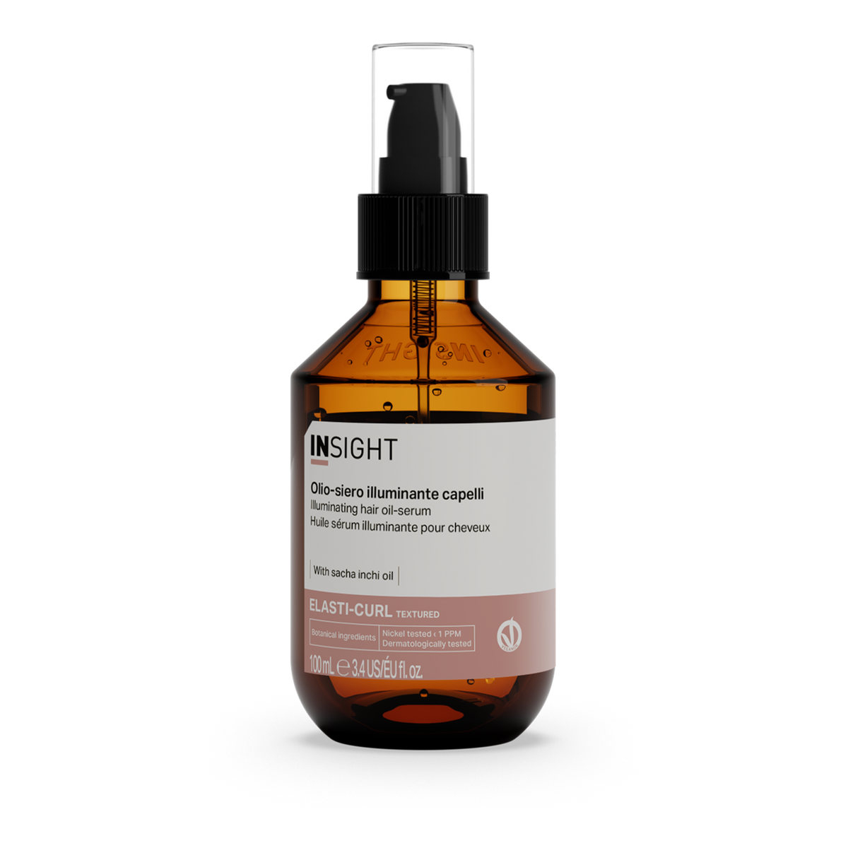 Insight Elasti-Curl Illuminating Hair Oil-Serum 100 ml — 100 ml amber pump bottle, current white-label livery, front view