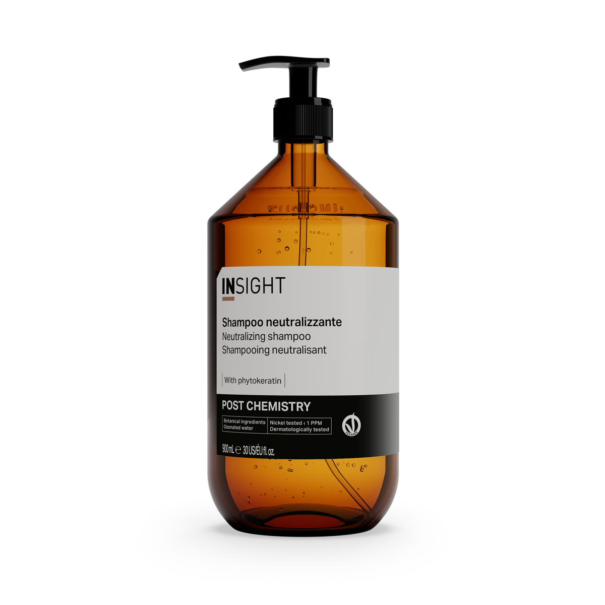 Insight Neutralizing Shampoo 900ml — official brand packshot of the current 900 ml package, tall amber 900 ml bottle with black lotion pump, front label facing camera, plain black background