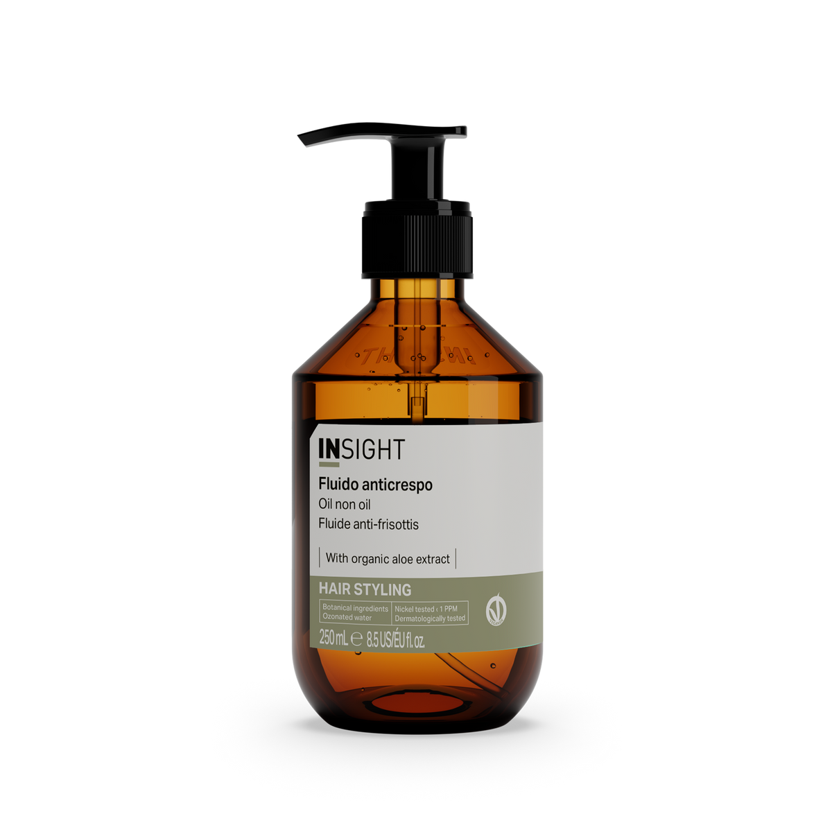 Insight Oil Non Oil Styling 250ml — official brand packshot of the current 250 ml package, amber bottle with black lotion pump, front label facing camera, plain black background