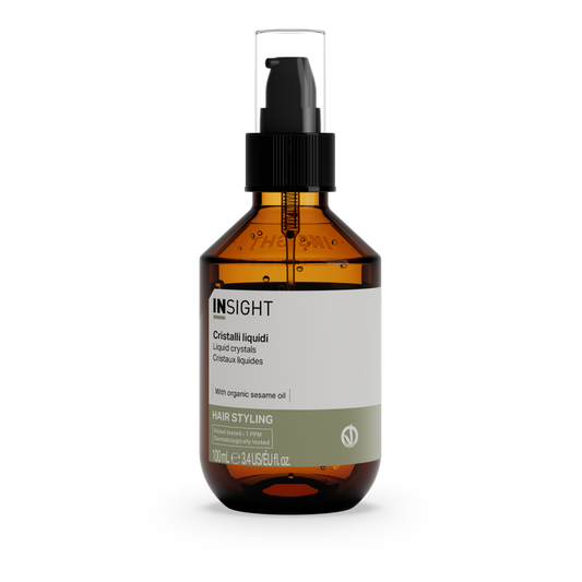 Insight Liquid Crystals Styling 100ml — official brand packshot of the current 100 ml package, amber bottle with black lotion pump and clear over-cap, front label facing camera, plain black background