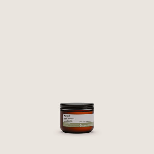 Insight Mattifying Pomade 90ml — official brand packshot of the current 90 ml package, small amber jar with black screw lid, front label facing camera, warm beige background