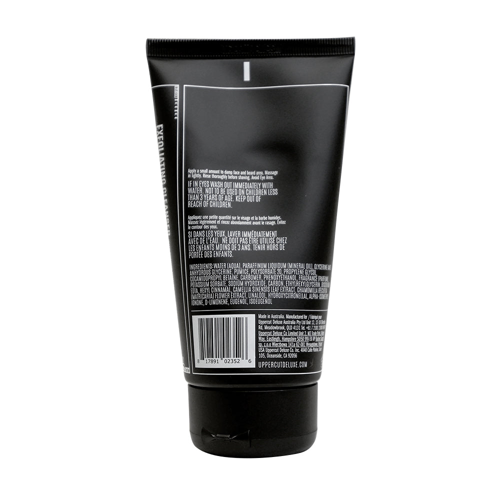 Uppercut Deluxe Exfoliating Cleanser 120 ml — black 120 ml tube, back label with ingredients, white background