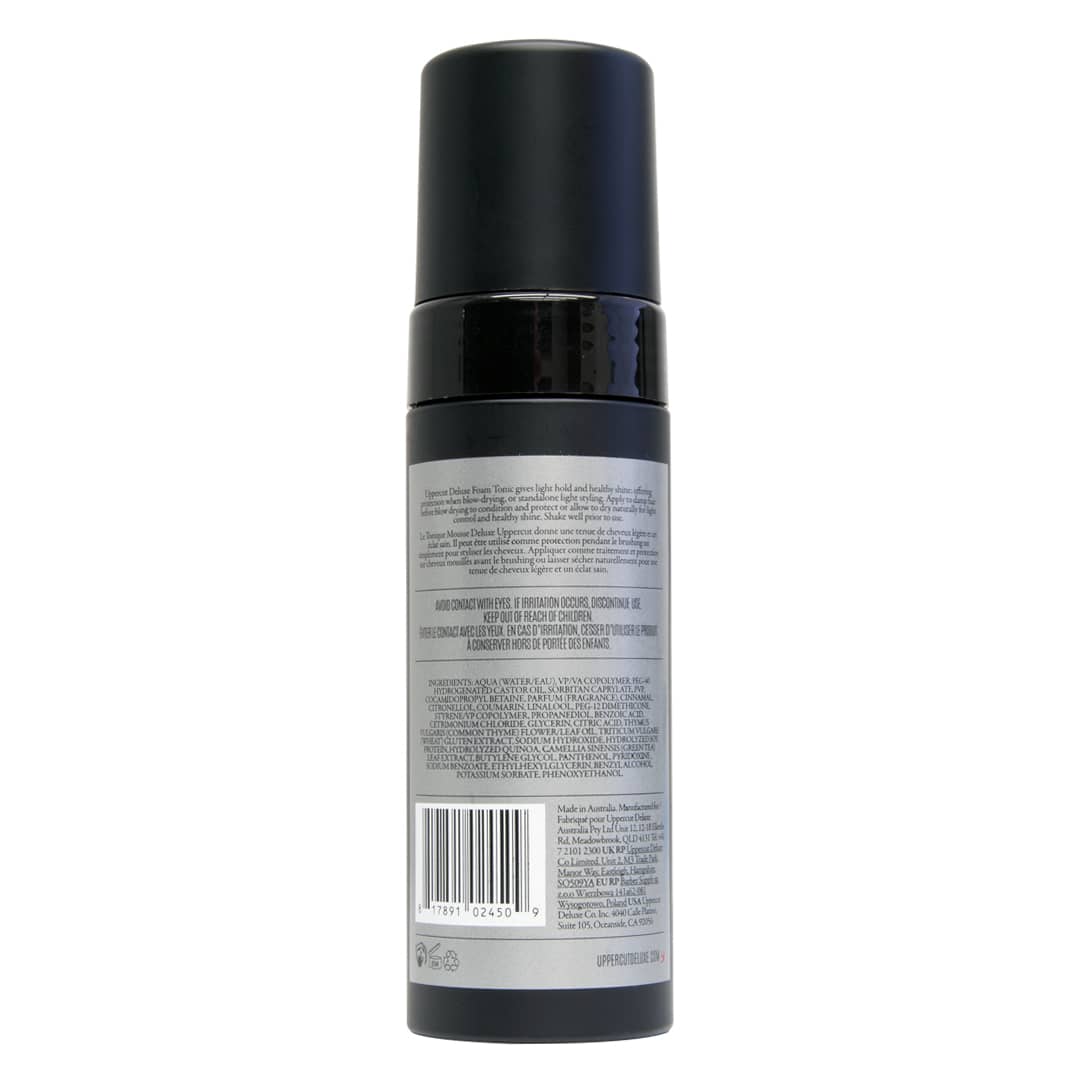 Uppercut Deluxe Foam Tonic 150 ml — black 150 ml aerosol can, back label with directions, white background
