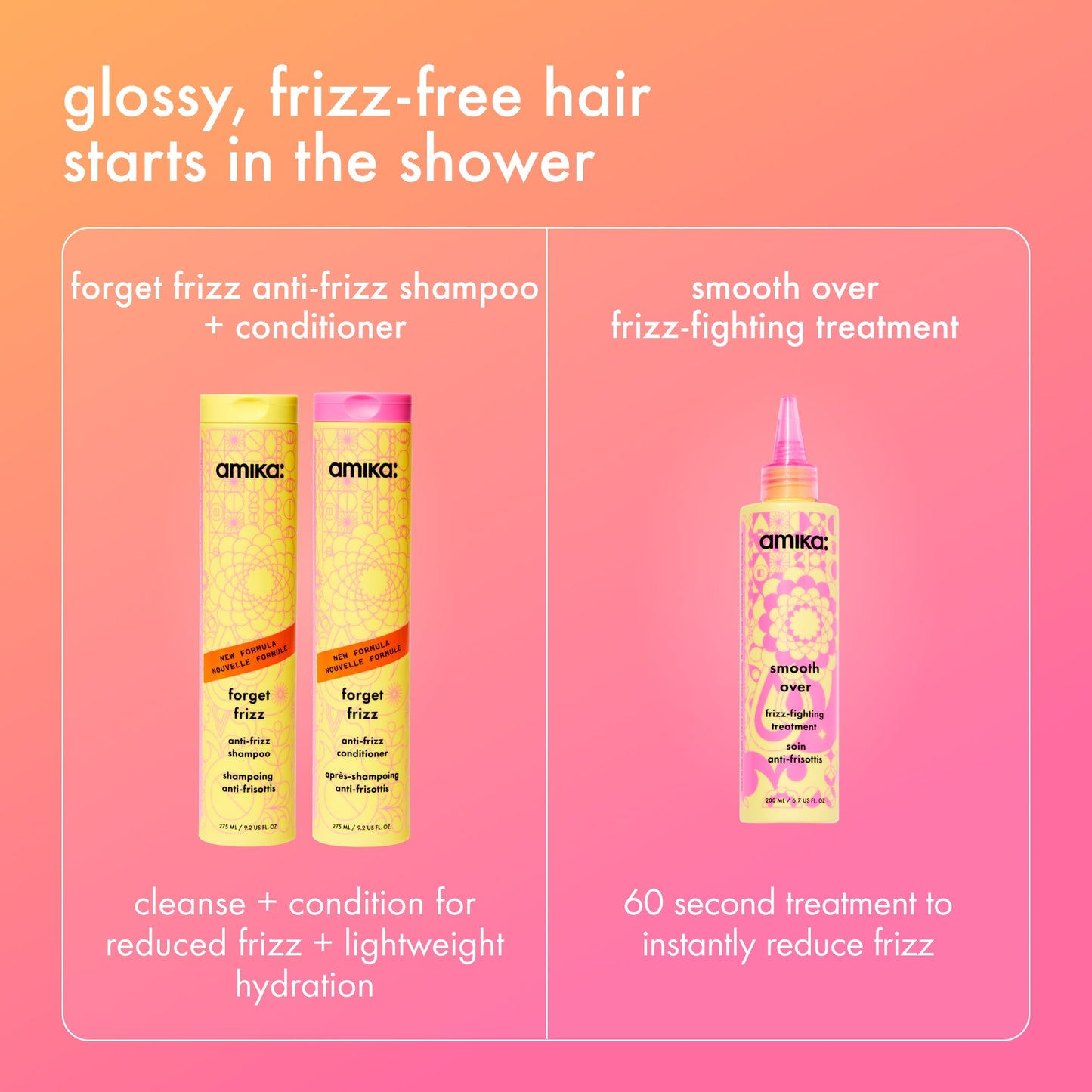 Amika Forget Frizz shampoo and conditioner in-shower routine, 275 ml