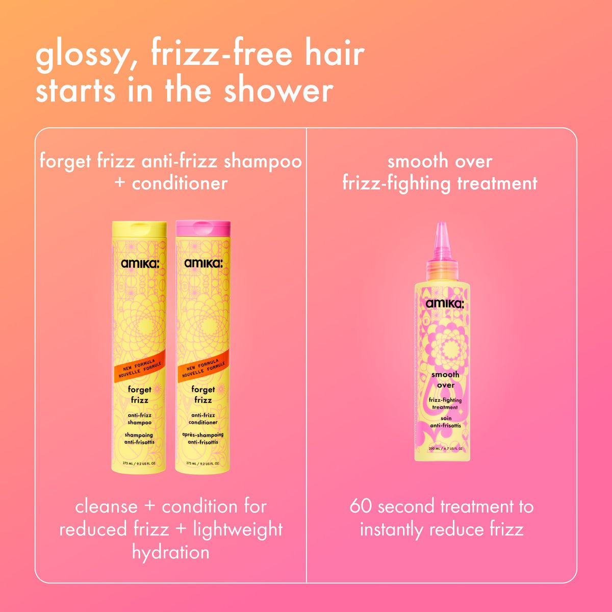 Amika Forget Frizz shampoo and conditioner in-shower routine, 275 ml