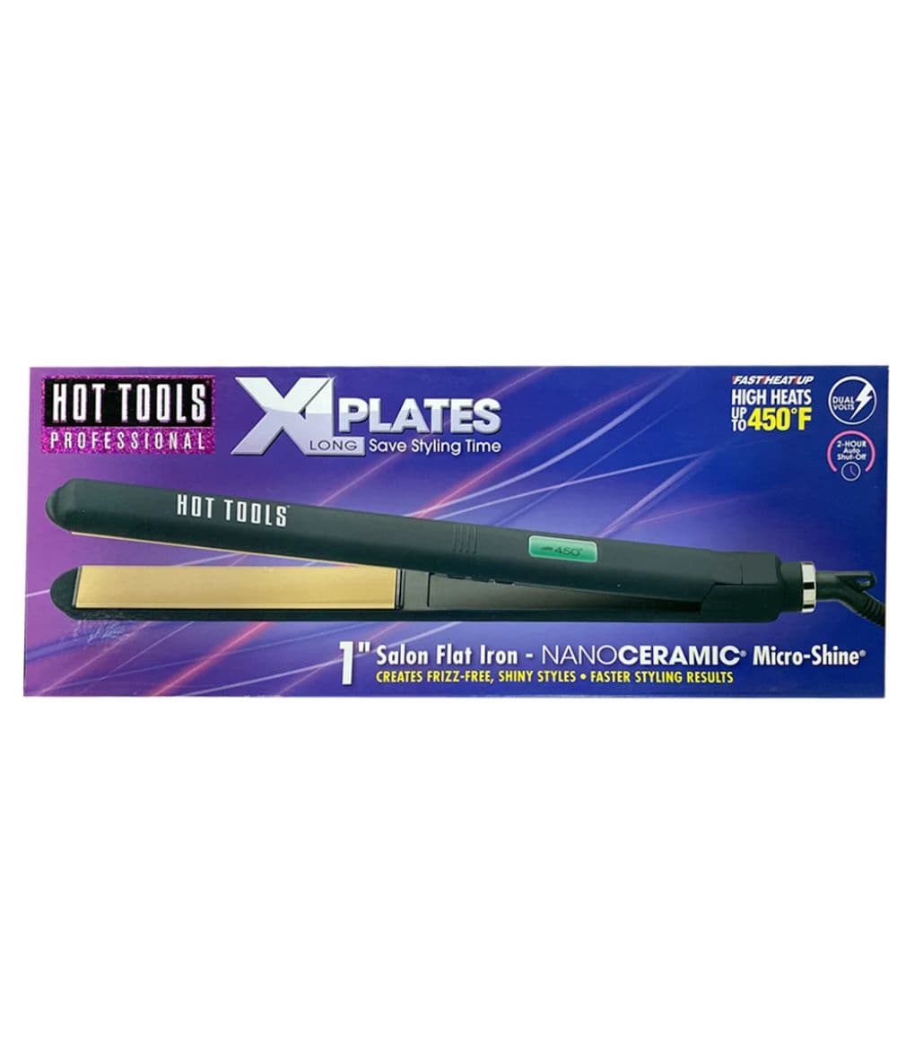 Hot Tools 1" Flat Iron Extra Long — nano ceramic salon flat iron with extra-long gold plates, open, plain white background