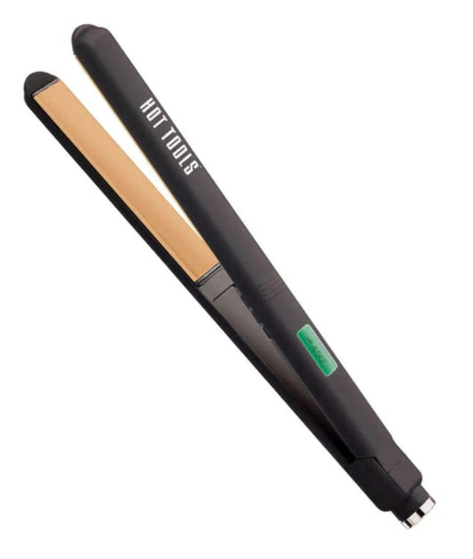 Hot Tools 1" Flat Iron Extra Long — nano ceramic salon flat iron with extra-long gold plates, open, plain white background