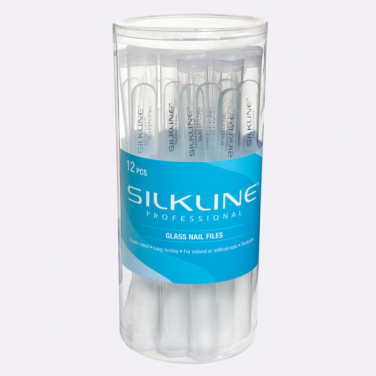 Silkline Professional Glass Nail File — 12-file sterilizable storage drum, blue SilkLine Professional label / Lime à ongles en verre Silkline — baril de rangement de 12 limes, étiquette bleue SilkLine Professional — GLASSFILENC