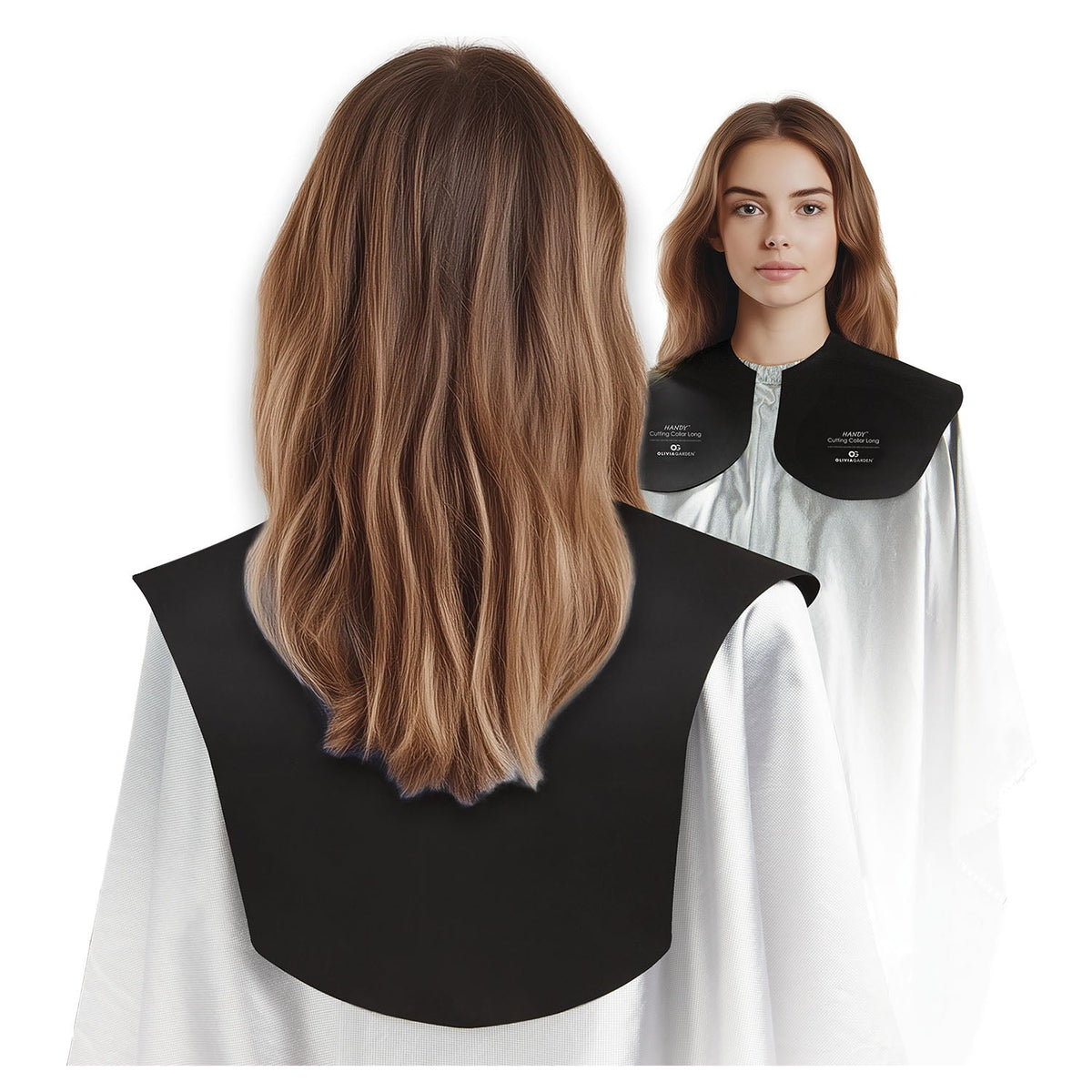 Olivia Garden Handy Cutting Collar — the long collar worn under the cape, shown from behind on two models