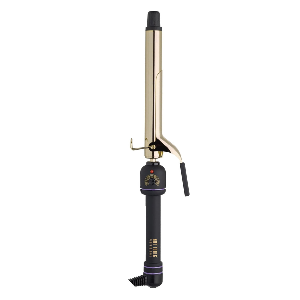 Hot Tools 1" Curling Iron/Wand Extra Long Barrel — 24K gold extra-long barrel curling iron with clamp, plain white background