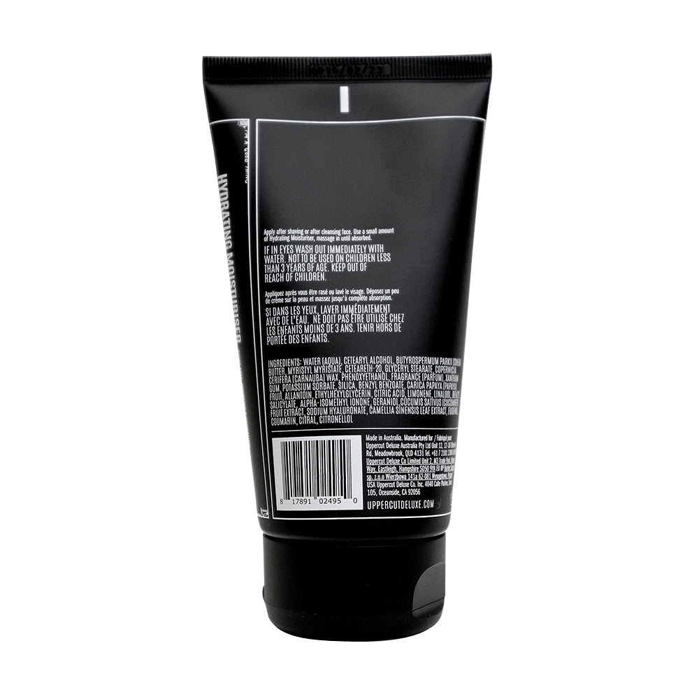 Uppercut Deluxe Hydrating Moisturiser 120 ml — black 120 ml tube, back label with ingredients, white background