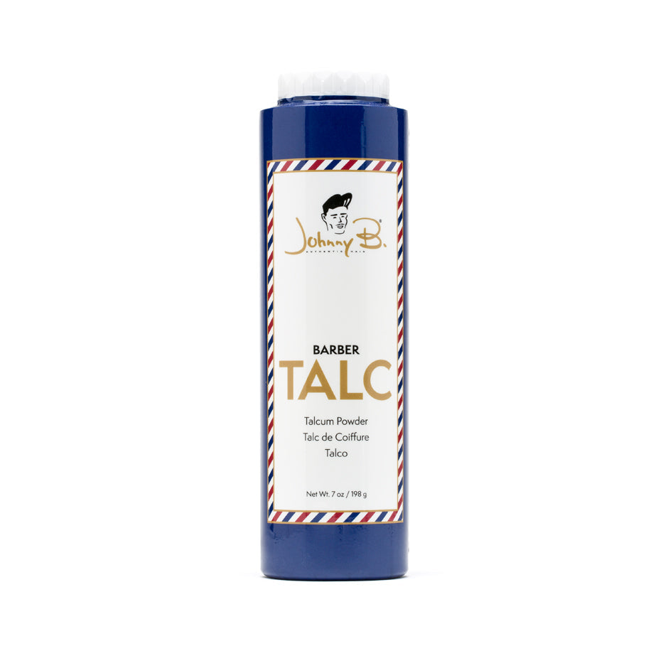 Johnny B Barber Talc — product pack, current Johnny B livery
