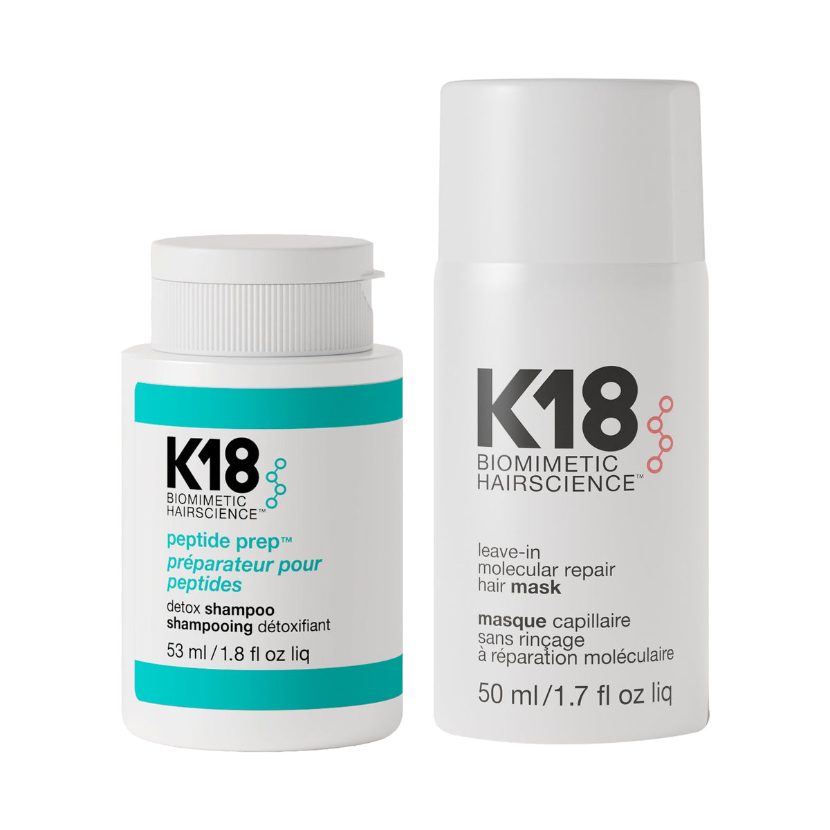 K18 Detox & Repair At-Home Duo — 53 ml detox shampoo beside 50 ml mask, white background