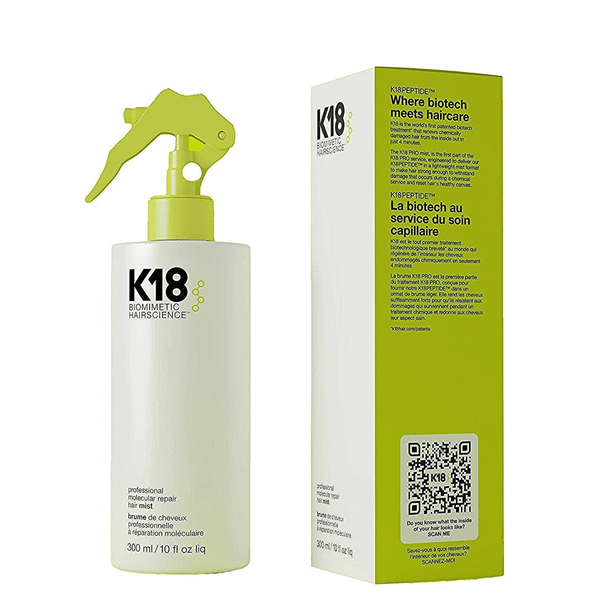 K18 PRO Pre-Service Molecular Repair Mist — 300 ml bottle beside its carton