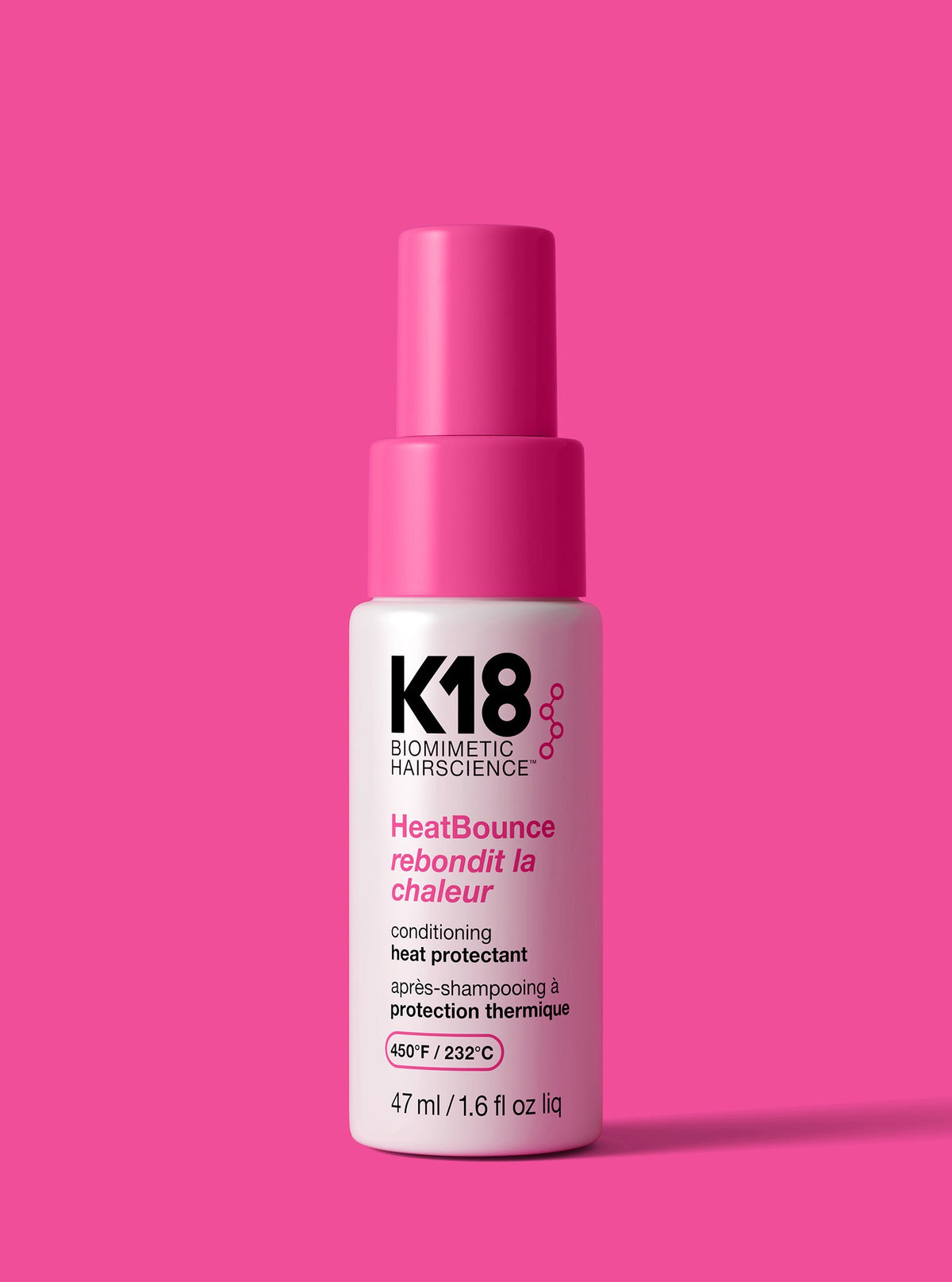 K18 HeatBounce Leave-In Conditioning Heat Protectant — 47 ml travel spray, front label