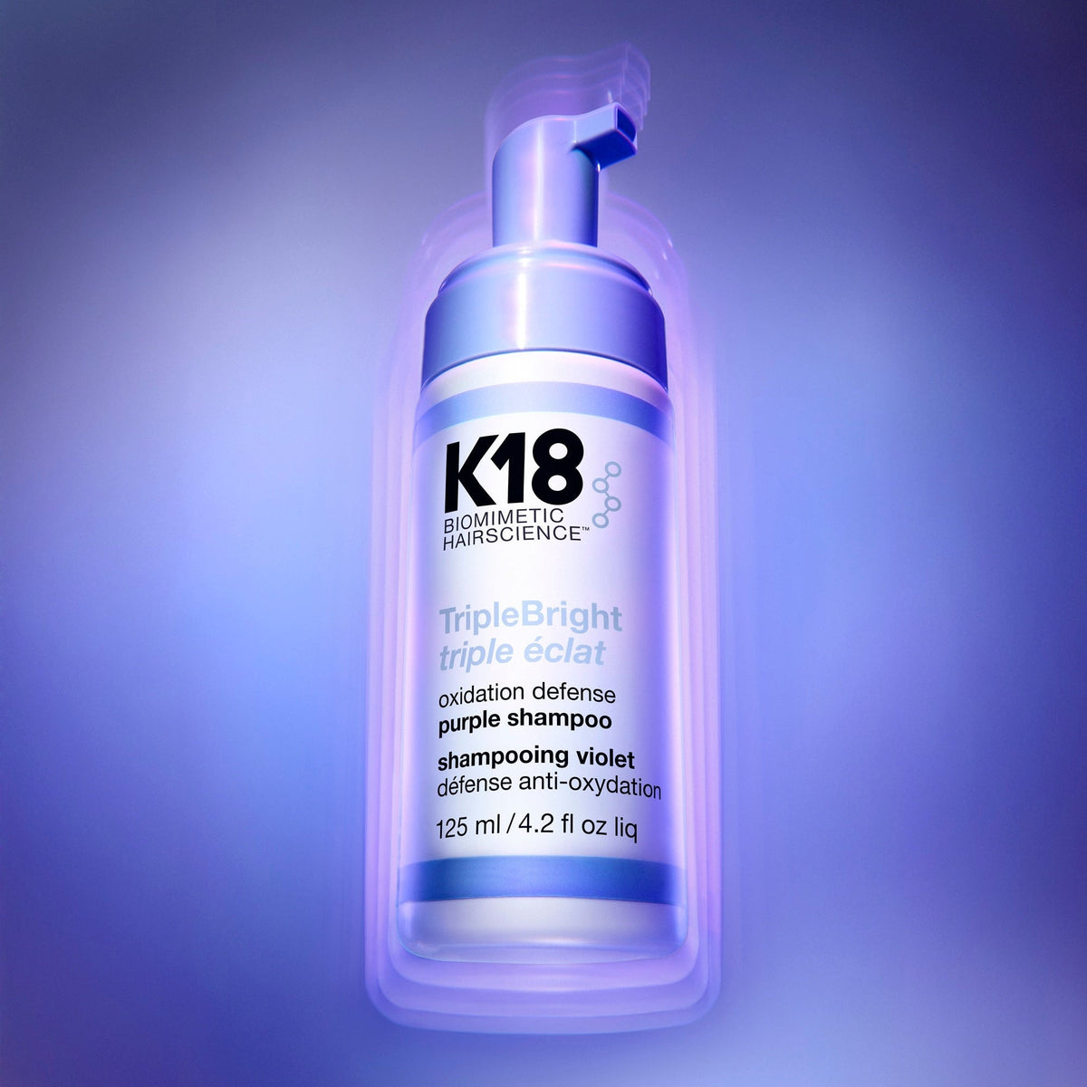 K18 TripleBright Purple Shampoo — 125 ml bottle, floating studio shot