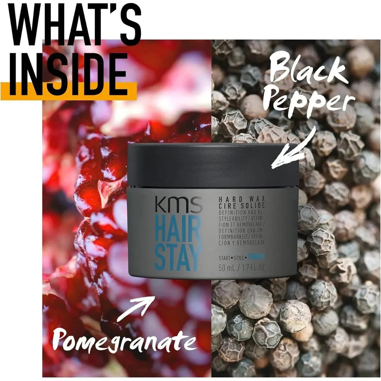 KMS HairStay Hard Wax — 50 mL jar beside its key ingredients, pomegranate and black pepper