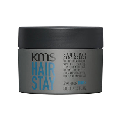 KMS HairStay Hard Wax — 50 mL / 1.7 fl. oz. grey jar with black lid, front label, plain white background
