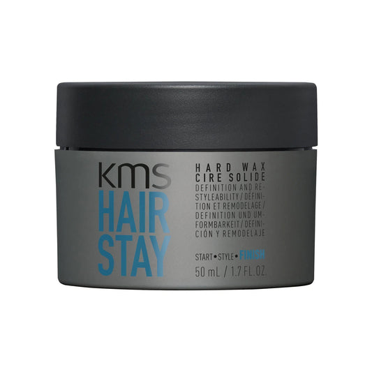 KMS HairStay Hard Wax — 50 mL / 1.7 fl. oz. grey jar with black lid, front label, plain white background