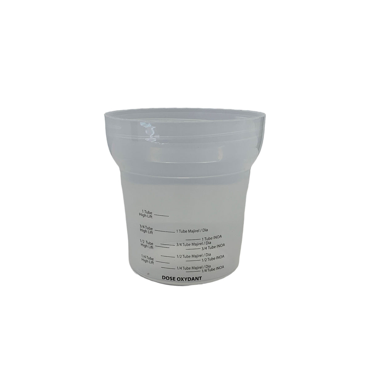 L'Oréal Professionnel Colour Shaker — translucent measuring and mixing beaker printed with tube-dose and developer graduations, plain white background