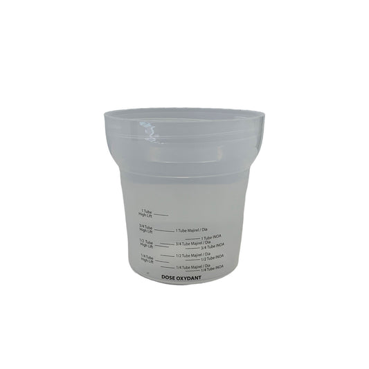 L'Oréal Professionnel Colour Shaker — translucent measuring and mixing beaker printed with tube-dose and developer graduations, plain white background