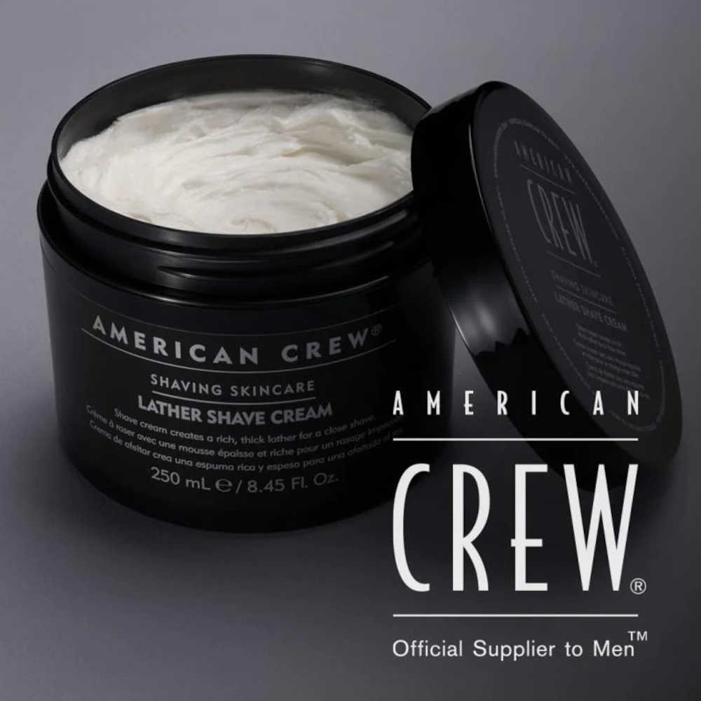 American Crew Lather Shave Cream — open 250 ml jar showing the cream texture