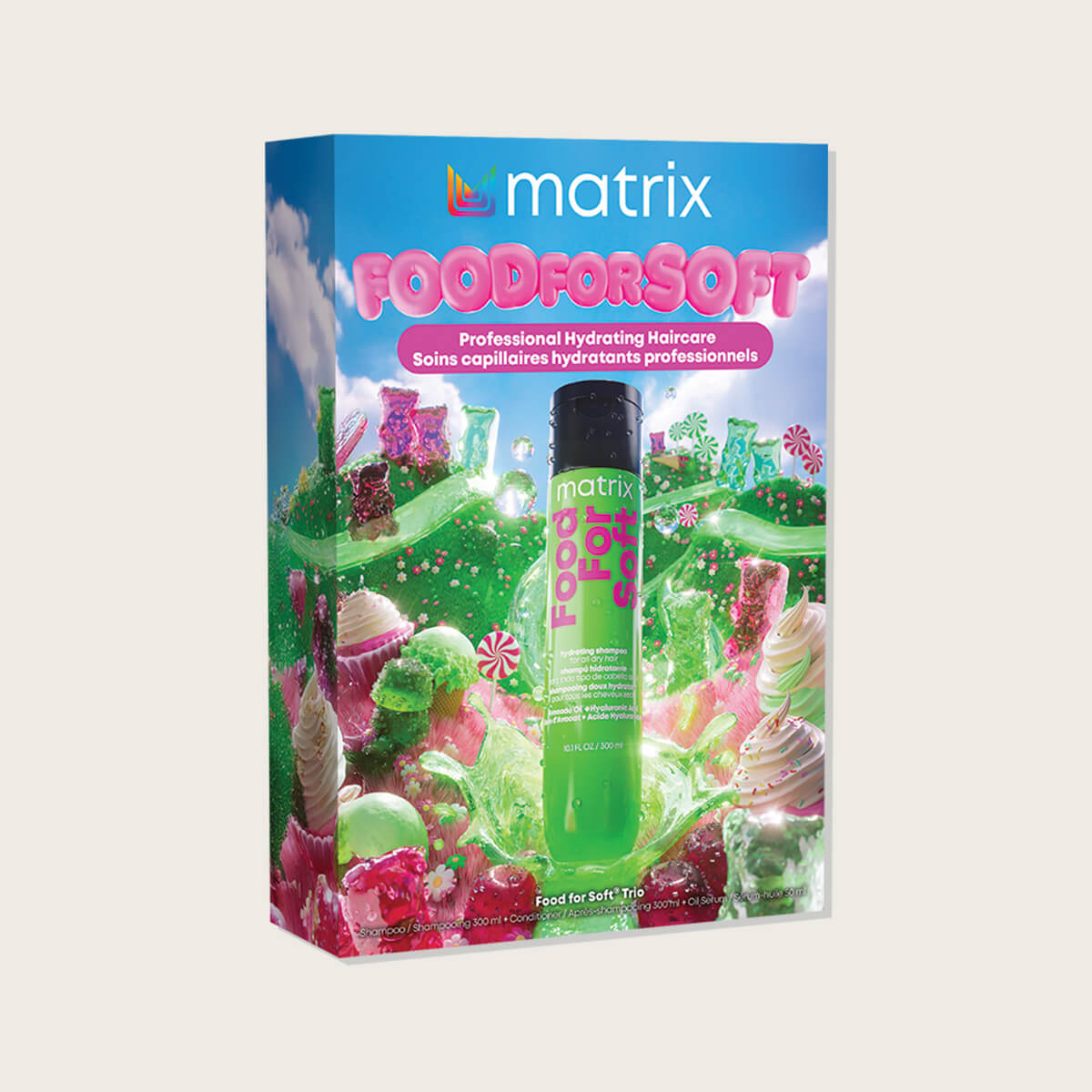 Matrix Food For Soft Holiday Trio 2026 — candy-landscape gift carton with the green Food For Soft bottle standing in front of it