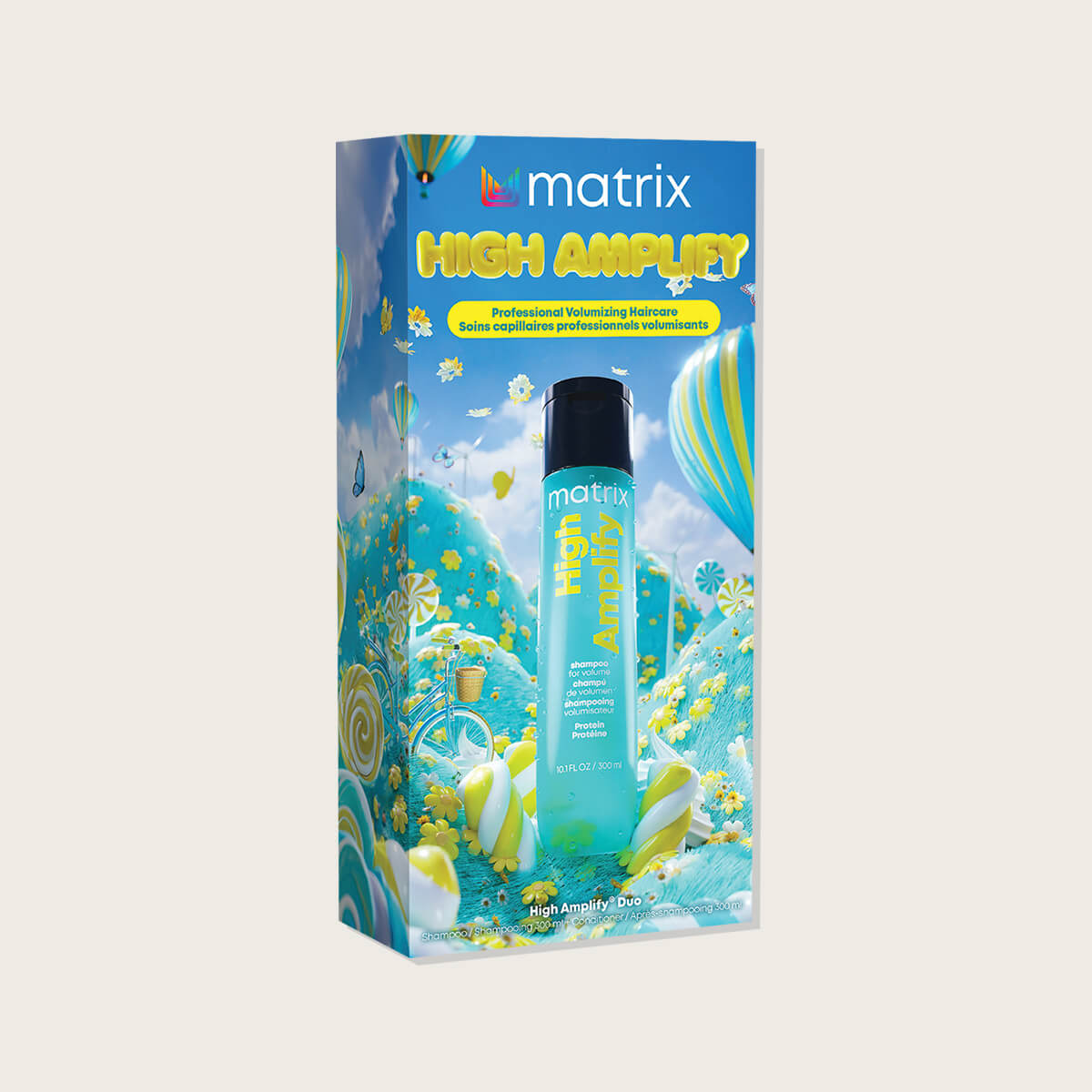 Matrix High Amplify Holiday Kit 2026 — aqua candy-landscape gift carton with the aqua High Amplify bottle standing in front of it