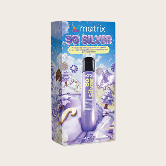Matrix So Silver Holiday Kit 2026 — purple winter-candy gift carton with the purple So Silver bottle standing in front of it