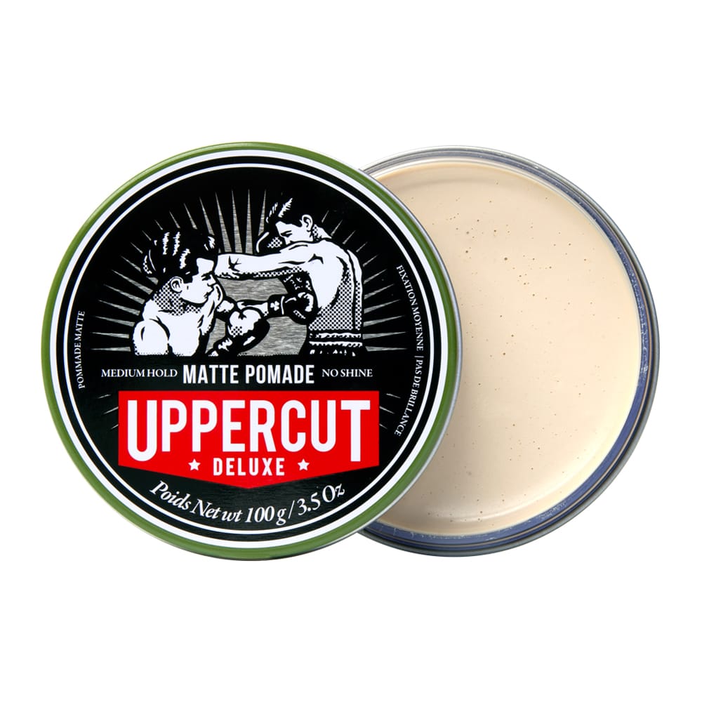 Uppercut Deluxe Matte Pomade — 100 g tin open showing the matte cream, plain white background