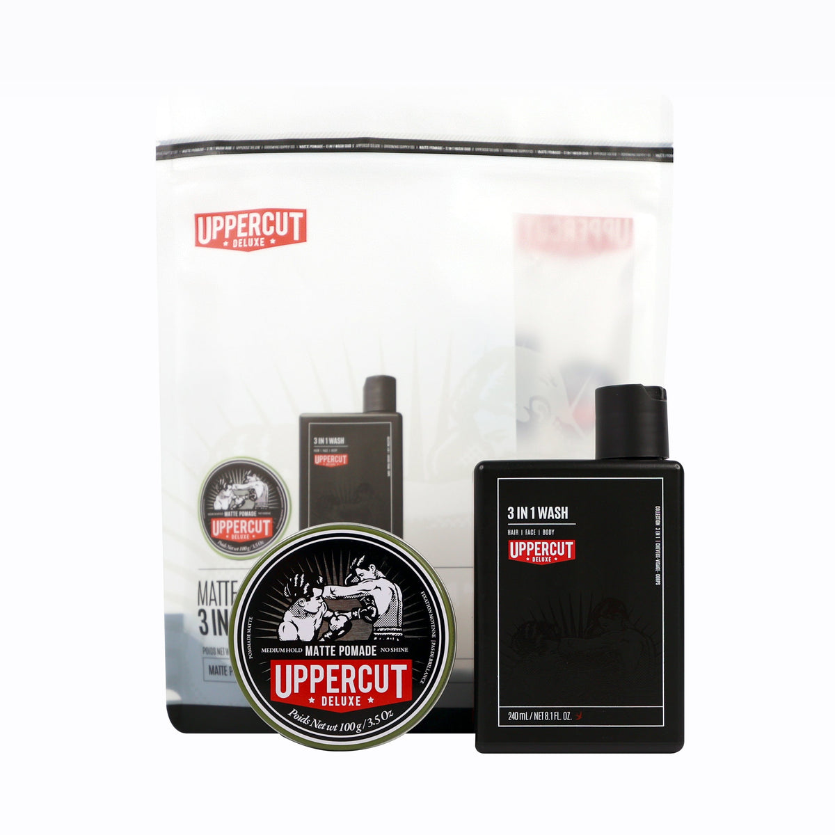 Uppercut Deluxe Matte Pomade + 3 in 1 Wash Duo — gift pouch with the 100 g Matte Pomade tin and 240 ml 3 in 1 Wash bottle shown in front, plain white background