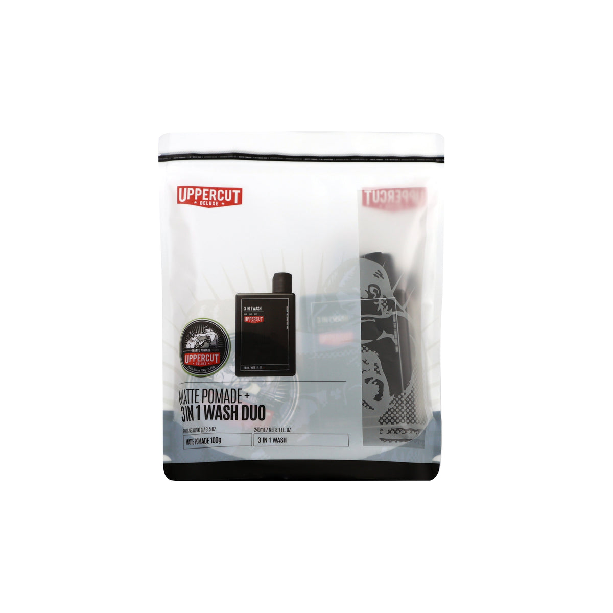 Uppercut Deluxe Matte Pomade + 3 in 1 Wash Duo — sealed gift pouch front, plain white background
