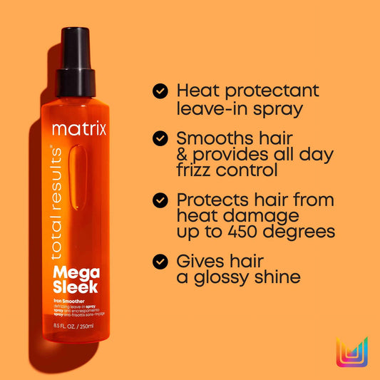 Matrix Total Results Mega Sleek Iron Smoother – Heat Protectant Spray for Frizz Control, 8.5oz